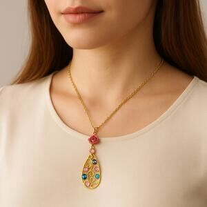 Gold Floral Teardrop Pendant Necklace Pink Rose Rhinestone Cottagecore